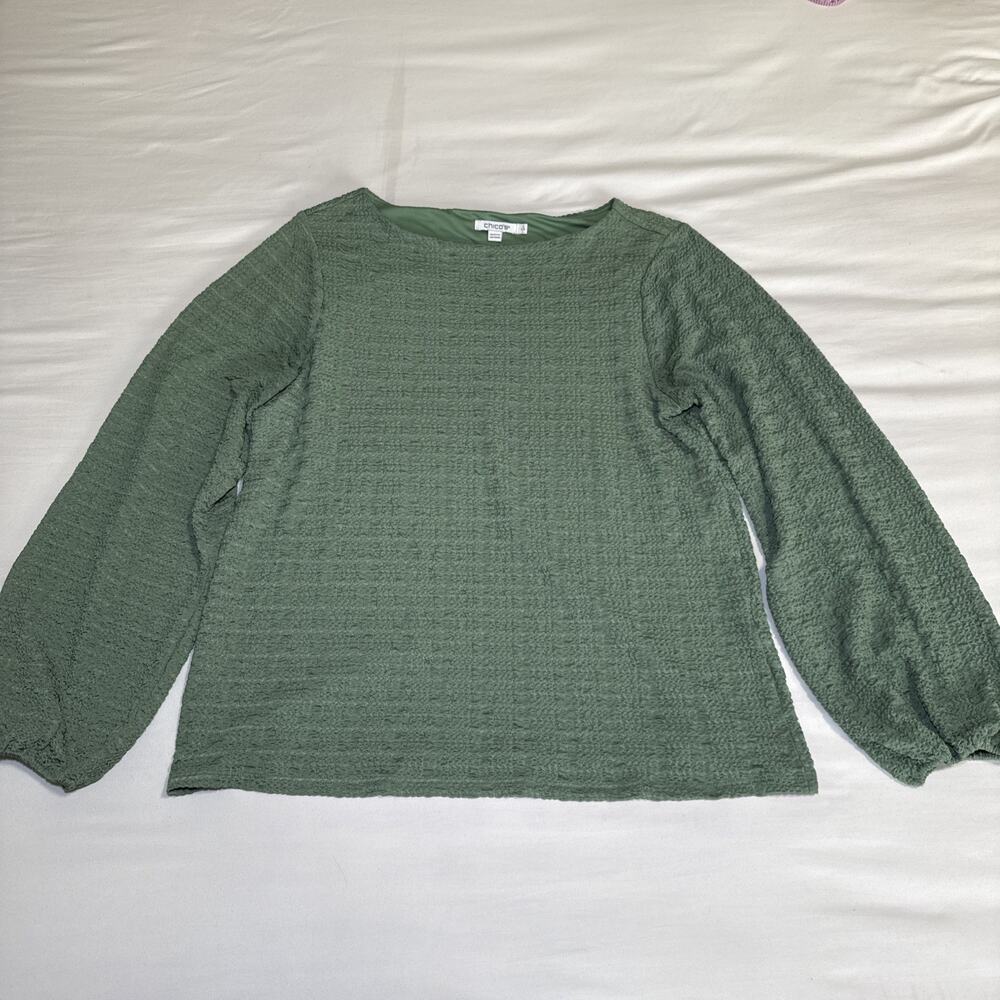 Chicos 2 Long Sleeve Round Neck Textured Stretch Green Blouse Womens Size L EUC
